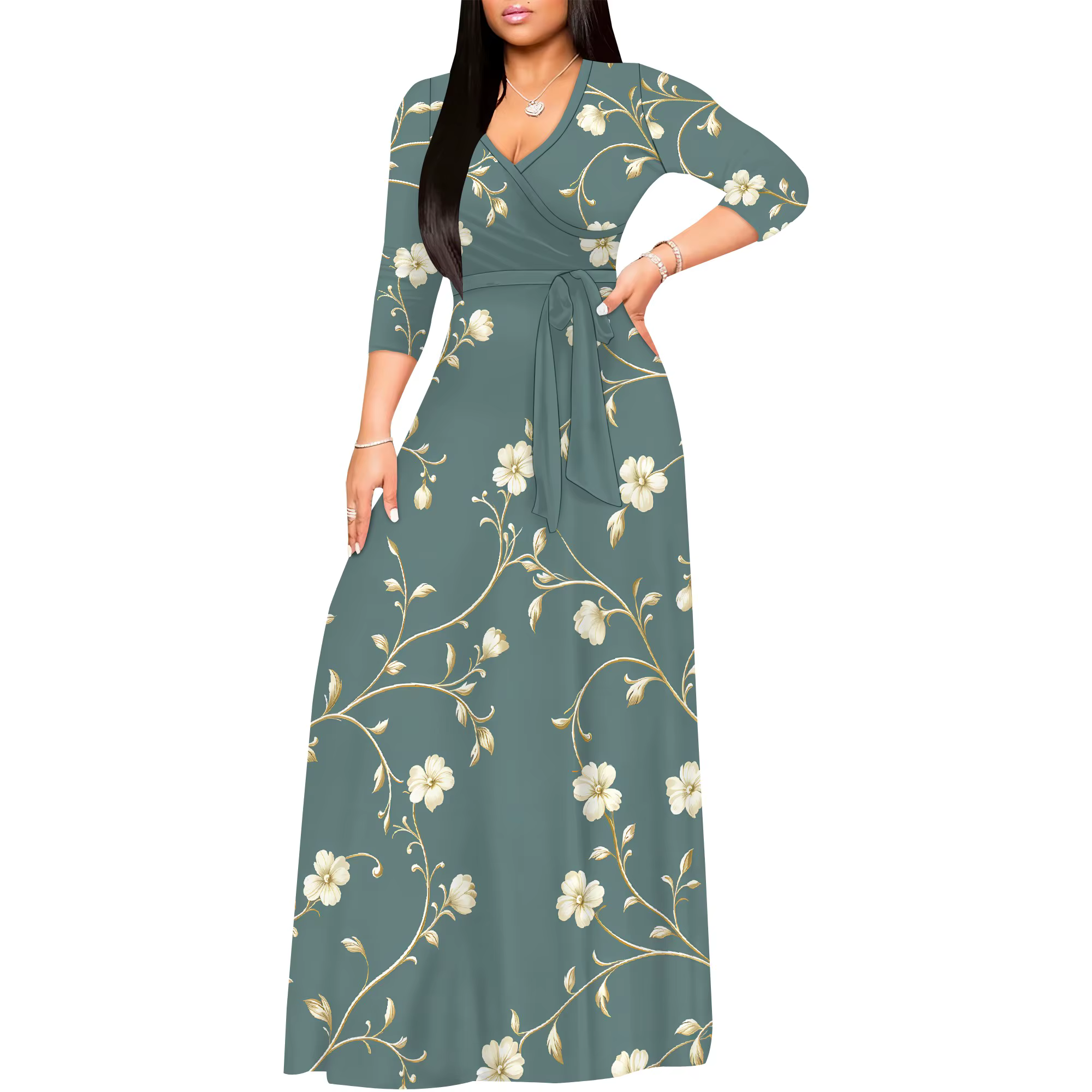 Robe longue portefeuille pour femmes, col en V, manches 3/4, taille haute, mi-longue, robes d'invité