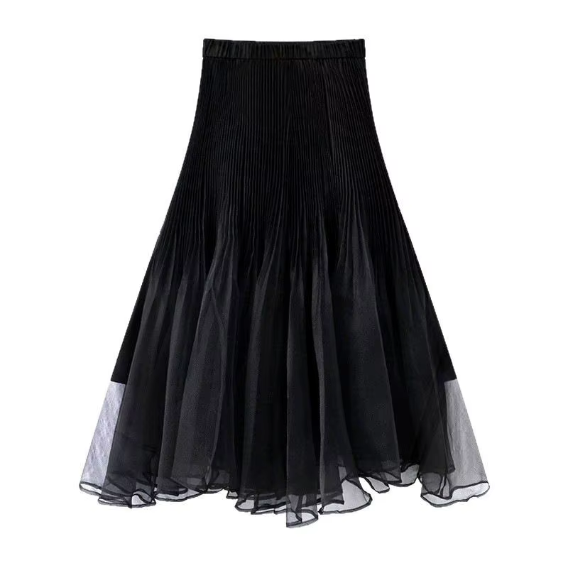 Jupe en mousseline pour femme, romantique, plissée, mi-longue, coupe sirène, style français, volumin