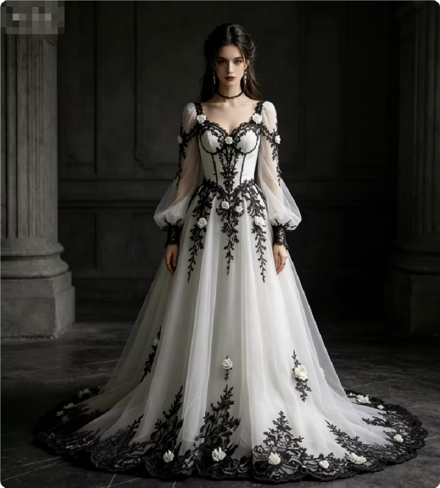 Robe de mariée gothique victorienne romantique sombre, blanche avec manches longues bouffantes en tu