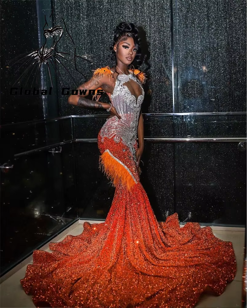 Robe de Rhlongue à col rond orange pour filles noires, perles de cristal, plumes, robes de fête d'an