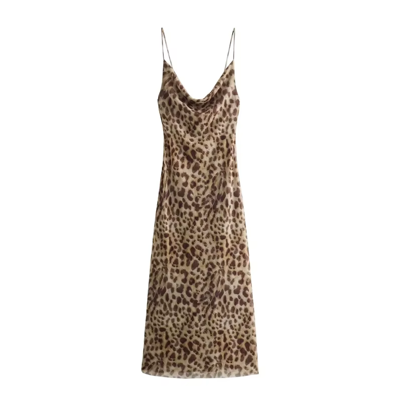Robe Longue en Tulle Imprimé Léopard pour Femme, Dos aux, Slip, Sexy, Vacances, Vintage, Midi, Soiré