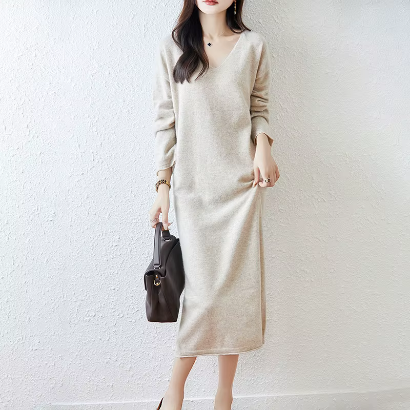Nouvelle jupe en laine en automne et en hiver, col en v, robe pull ample décontractée, mode Joker, r