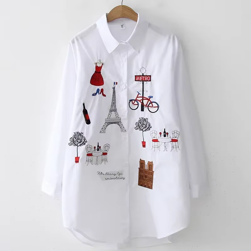 Chemise blanche en coton à manches longues pour femmes, chemisier de bureau élégant avec broderie, h