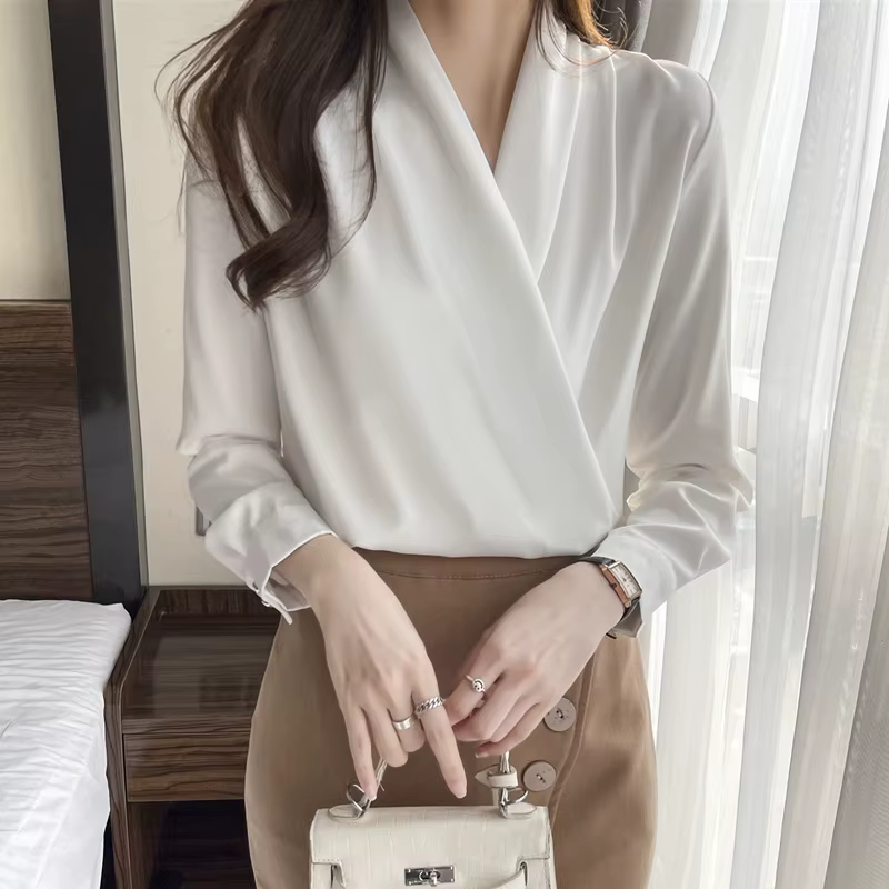 Chemise pour femme, nouveau style printemps-automne 2026, haut polyvalent à manches longues et col e