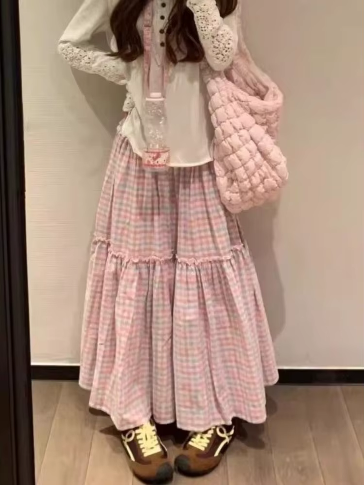 Jupes mi-longues décontractées Y2K pour femmes, coupe trapèze, à carreaux rose bonbon, style japonai