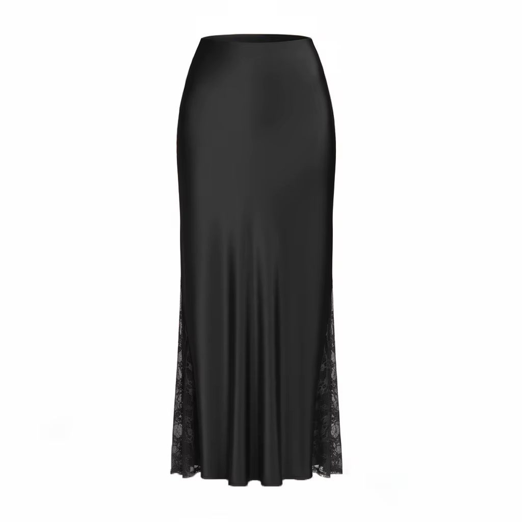 Jupe longue évasée taille haute élastique avec dentelle latérale pour femme, style cache-cœur, qui e