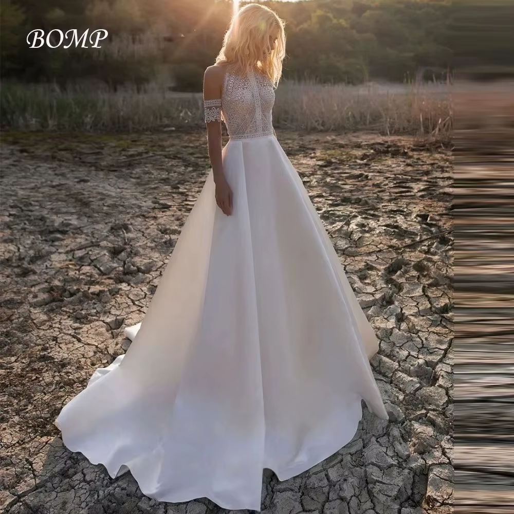 Robe de mariée bohème BOMP pour femme, coupe trapèze, en dentelle, manches détachables, en satin, av