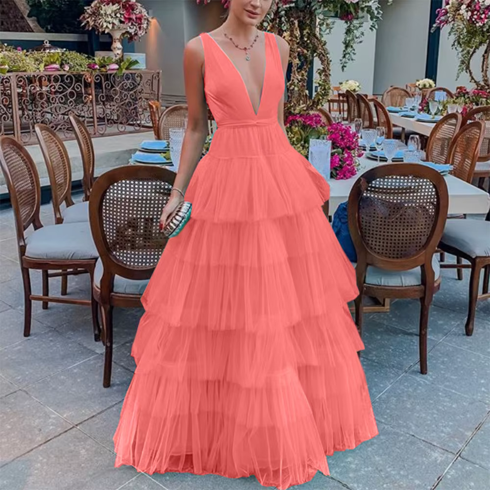 Robe élégante à col en V sans manches, taille haute, jupe à volants, en mousseline de soie, longueur