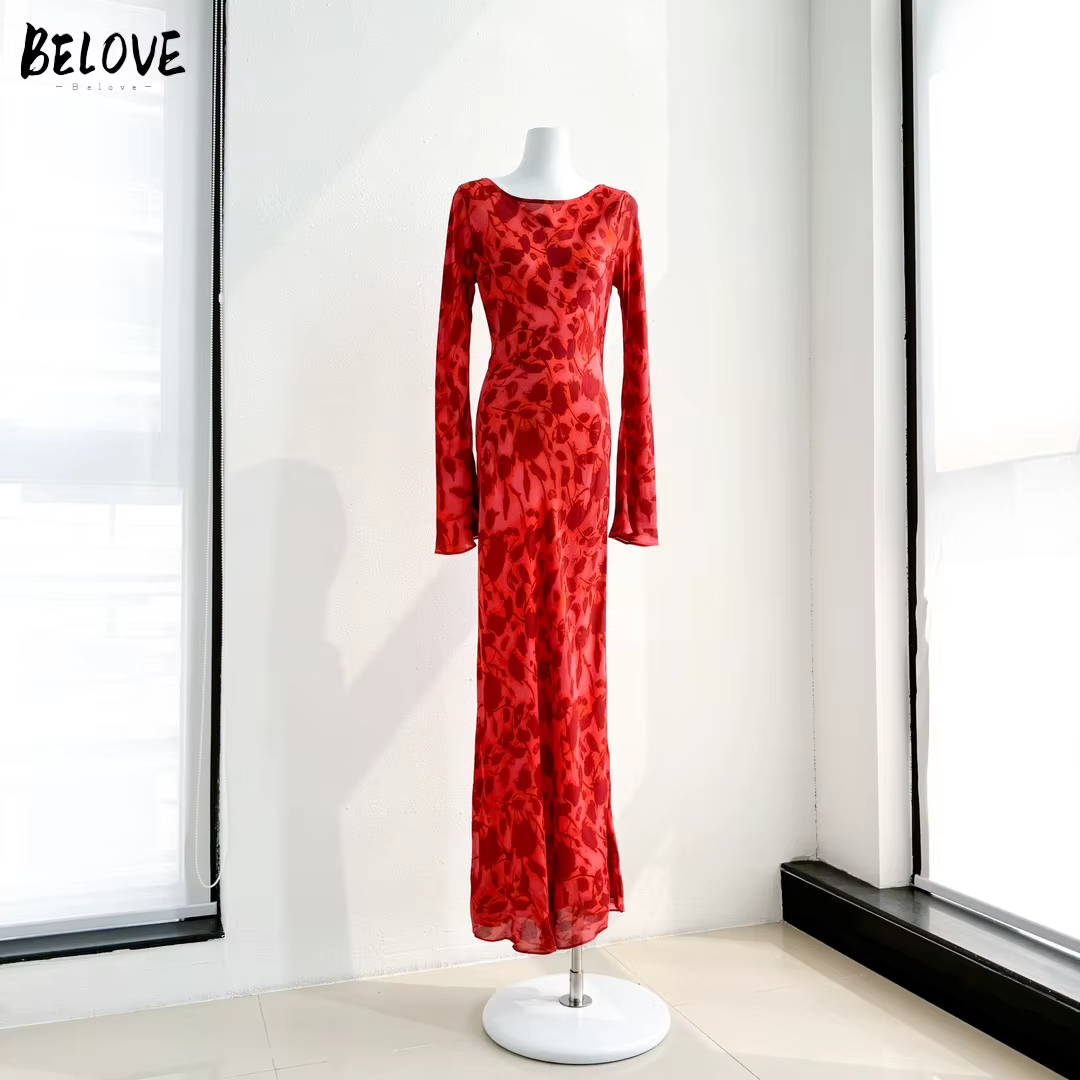 Robe Extra longue pour femmes, col rond, Style rétro, imprimé floral, 100% soie, manches évasées
