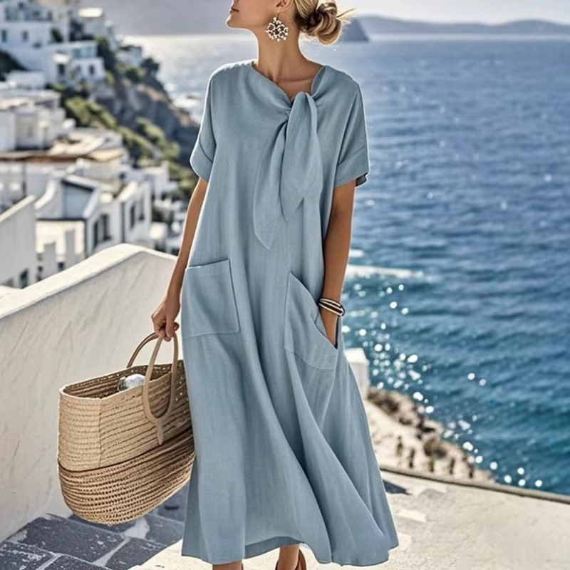 Vintage col rond à lacets robes longues amples femme printemps solide poche Boho robe de soirée été