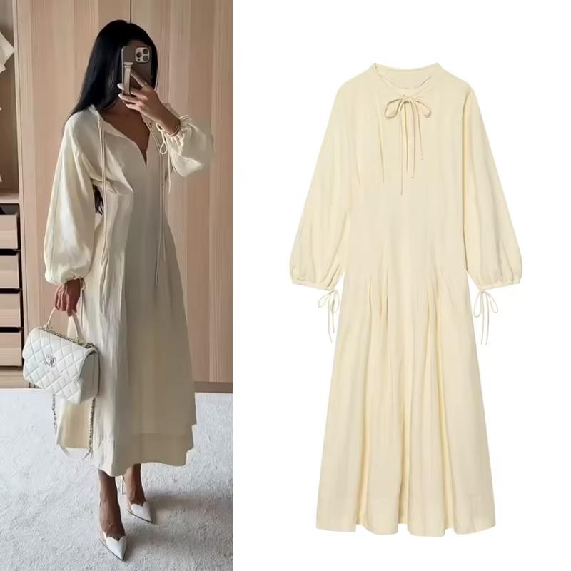 Robe longue pour femme 2026 Nouvelle collection été – Robe plissée ajustée à manches longues pour fe