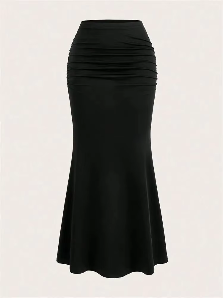 Jupe longue froncée moulante pour femmes, couleur unie, Sexy, noire, élastique, élégante, taille hau
