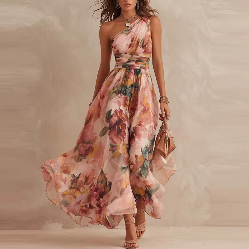 Robe longue d'été asymétrique sans manches style bohème décontractée plissée évasée pour femme, impr