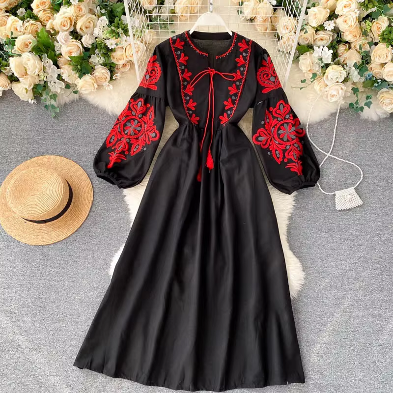Robe brodée bohème pour femmes, Boho, fleur, col rond, manches longues lanterne, taille haute, coton