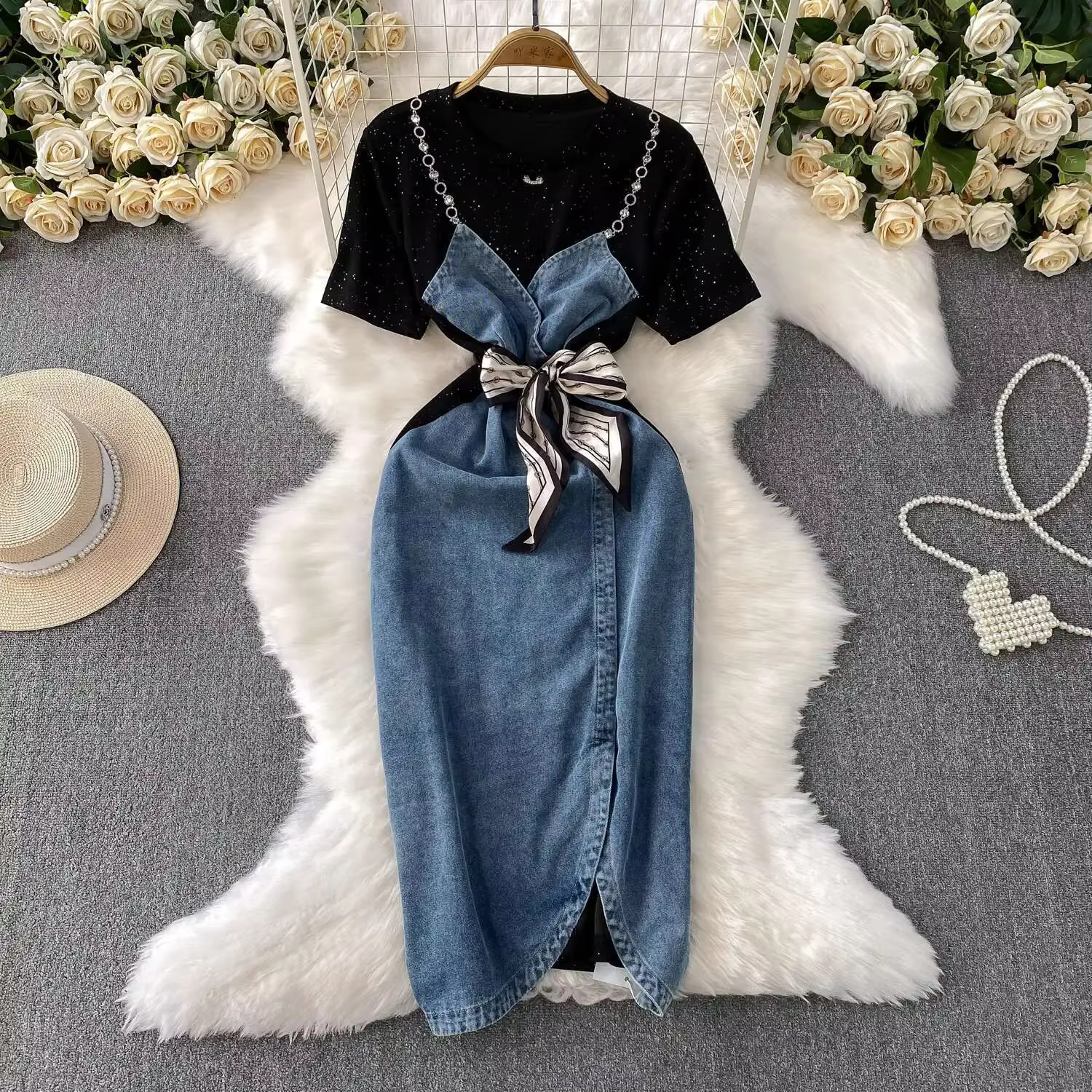 Robe d'été en jean pour femmes, Patchwork, manches courtes, perles de cristal, crayon, mi-longue, dé