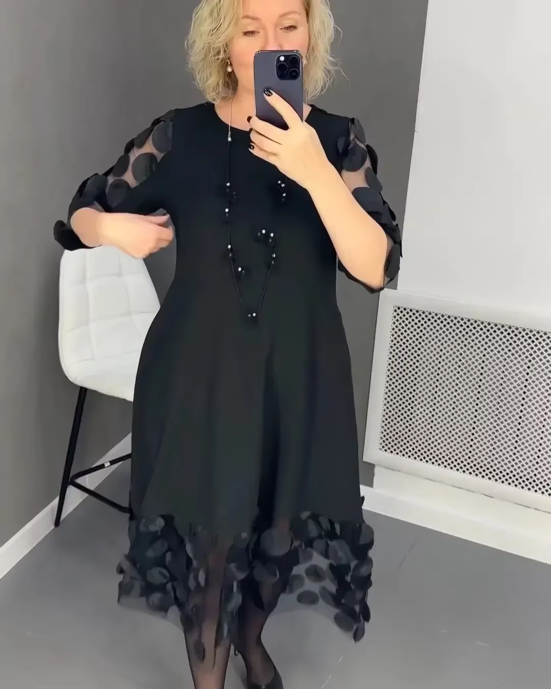 Robe évasée grande taille avec décor de points pour femmes, longue, noire, col rond, Perspective, ro