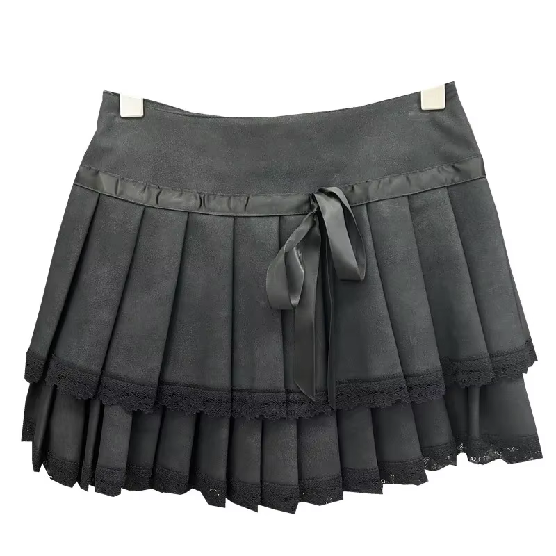 Mini-jupe plissée en similicuir à bordure dentelle pour femme, nouveau style 2026, jupe mi-longue ré