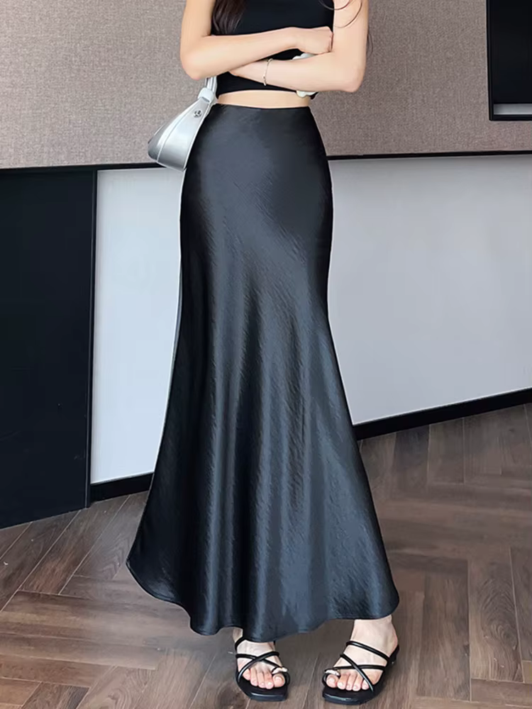 Zoki Chic Satin élégant jupe longue femmes décontracté mode taille haute doux trompette jupes mince 