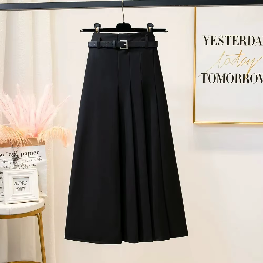 Costume noir pour femmes, jupe longue plissée avec ceinture, tempérament coréen gris, mode fine, jup