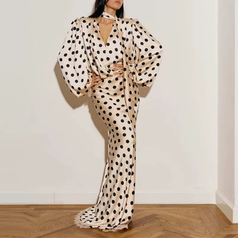 Robe longue élégante drapée à manches longues avec ruban, col en V sexy, à pois, en satin, taille ha