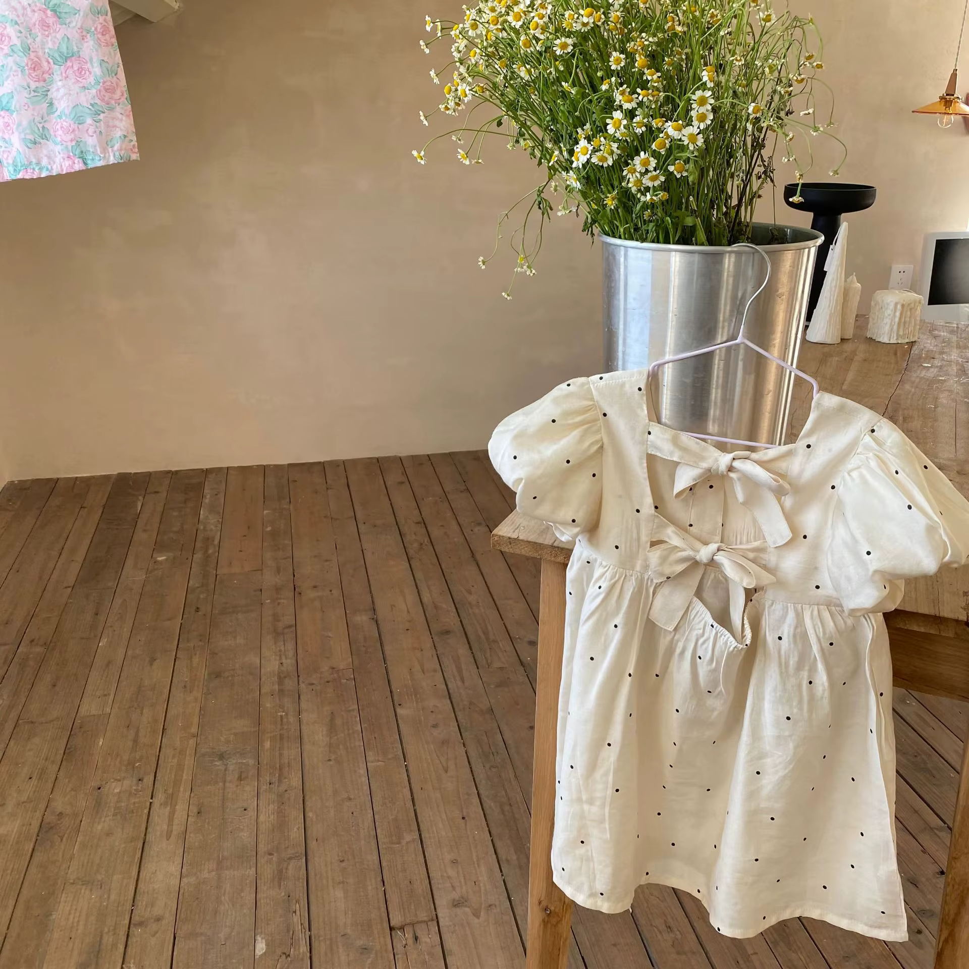 Jupe de princesse pour filles coréennes, tenue à pois, dos nu, manches courtes, avec nœud, nouvelle 