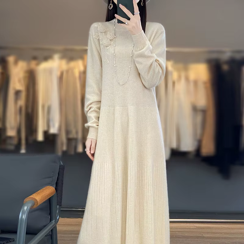 Robe mi-longue à col semi-haut pour femme, 100% pure laine, robe brodée à fond en tricot, automne et