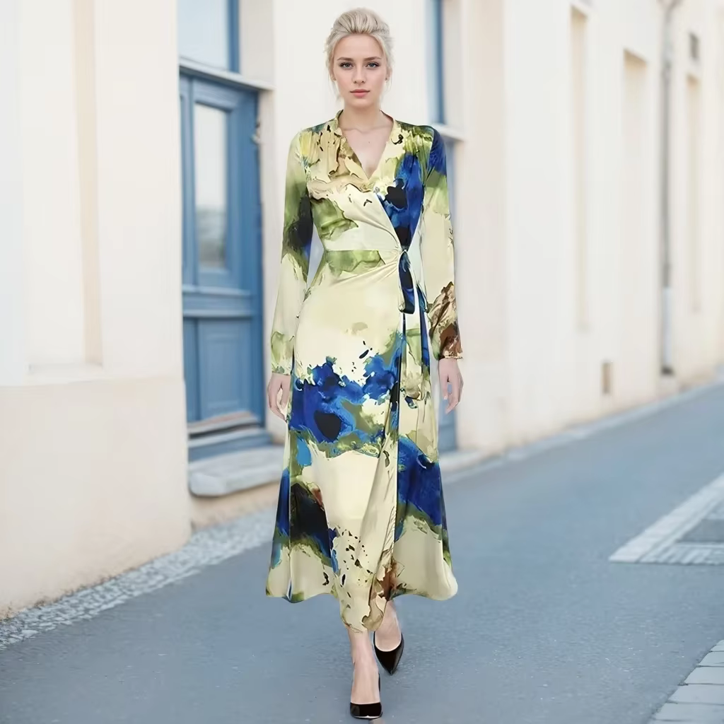 Robe portefeuille à lacets pour femmes, col en v, manches longues, imprimé abstrait, élégant, Shaggy