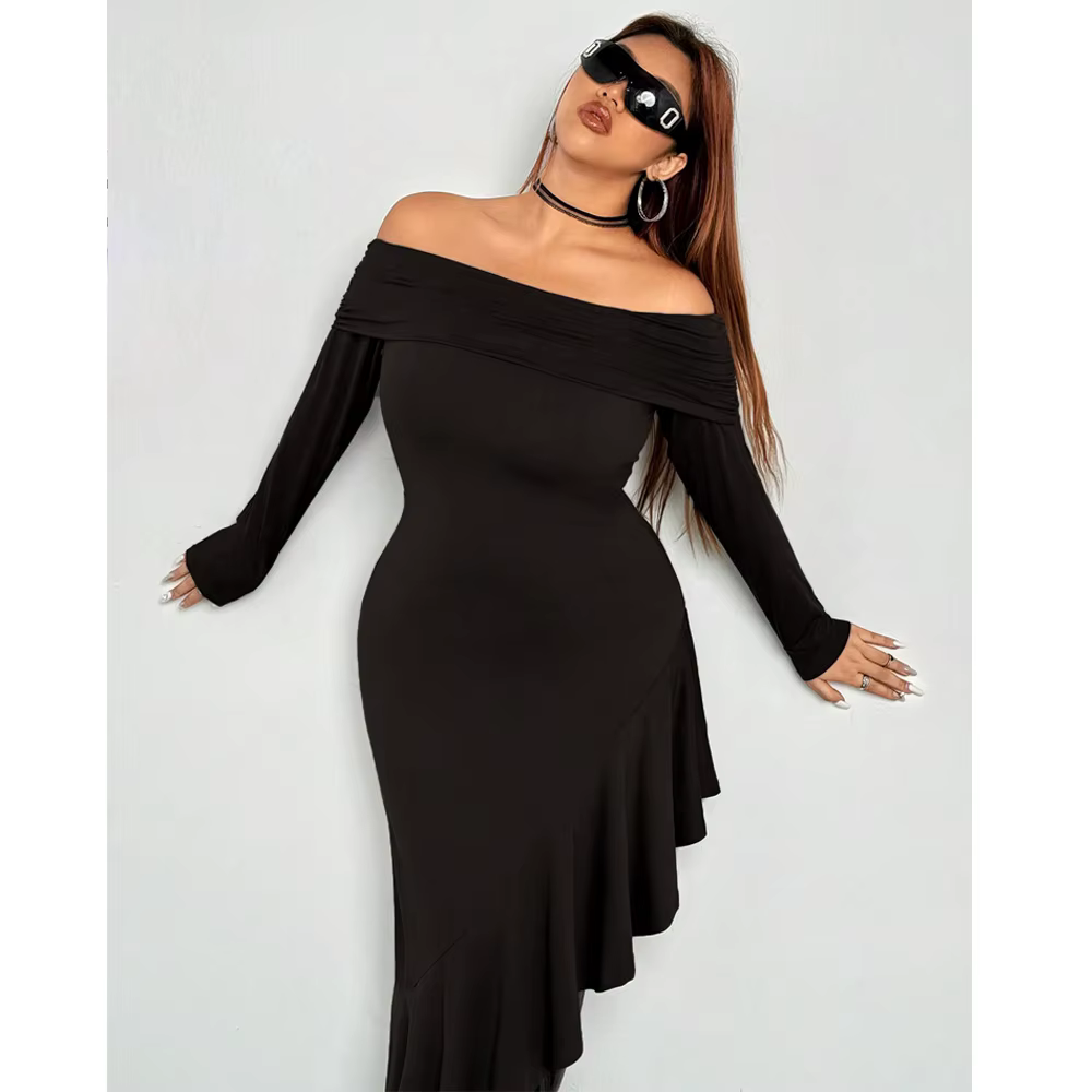2025 Sexy noir hors de l'épaule grande taille robe longue femmes été à volants Midi robe de nuit dam
