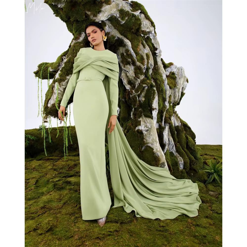 Mila vert à manches longues Simple robe de bal personnalisé châle col rond luxueux soirée femme robe