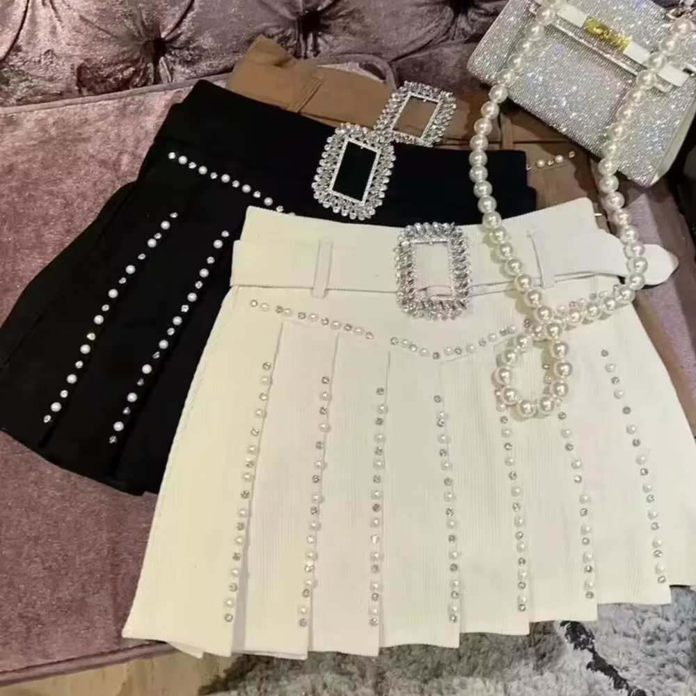 Jupe plissée avec perles et diamants pour femme, nouvelle mode, objectifs