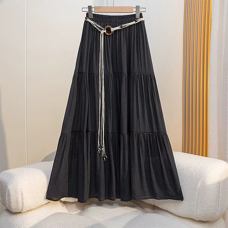 Jupe mi-longue d'été Boho en coton et lin : jupe longue plissée trapèze fluide avec coupe amincissan