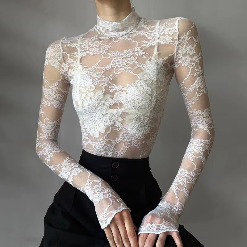 Haut court en dentelle transparente à manches longues pour femmes, t-shirt mince, chemises de mode c