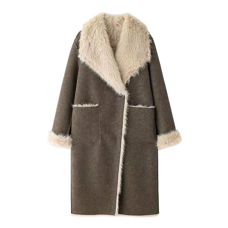 Veste Longue Élégante en Fausse Fourrure pour Femme, Pardessus à Col Rabattu et Manches sulf, à la M