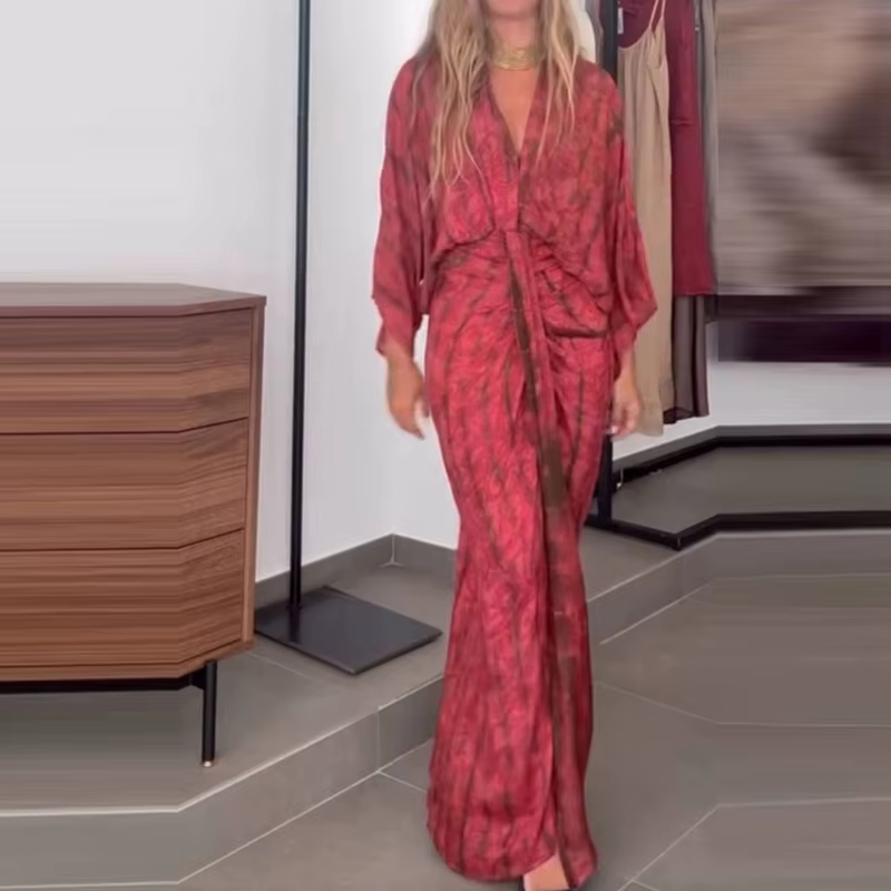 Robe longue drapée à motif imprimé pour femmes, élégante, col en v, manches chauve-souris, robe de s