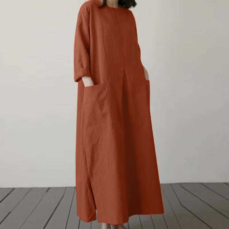 ZANZEA Robe longue ample pour femme en coton et lin, col rond, manches longues, fente latérale, coul