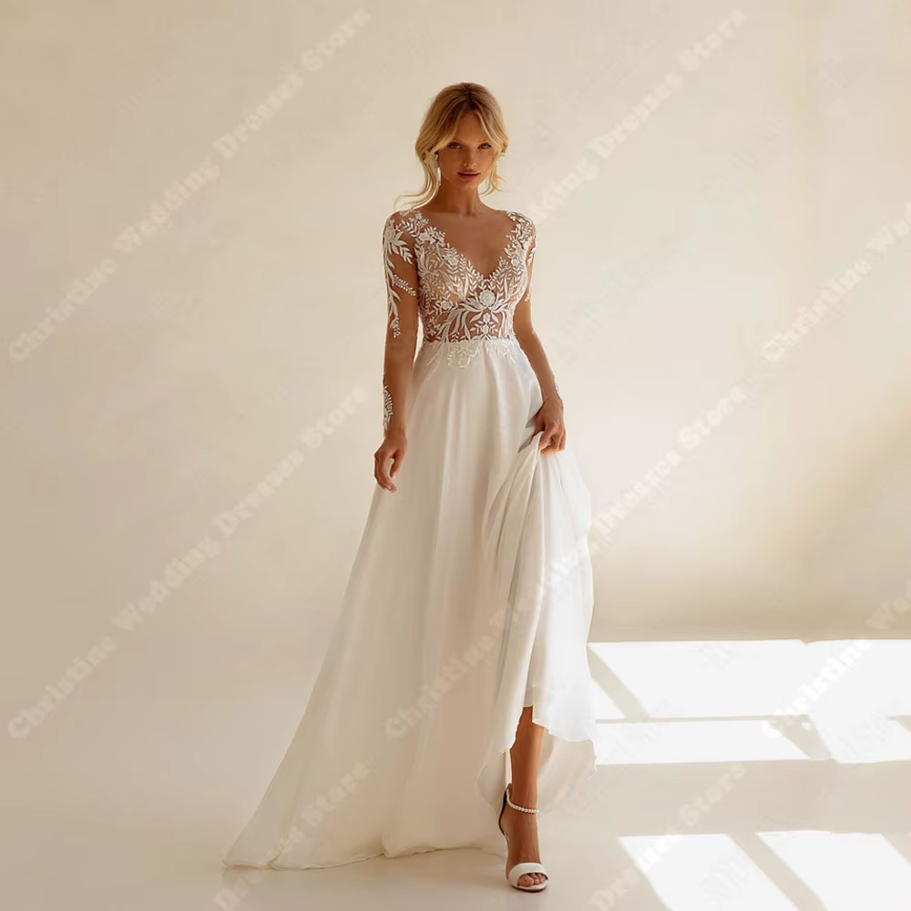 Robes de mariée en dentelle à manches longues pour femmes, impression de fleurs, longueur de vadroui