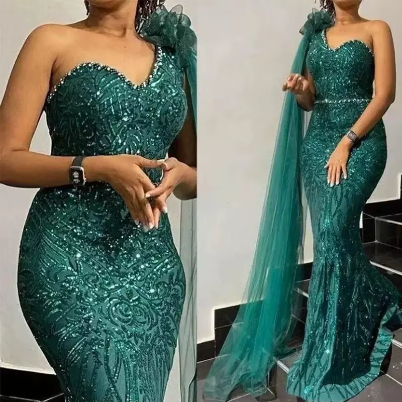 Robe de Soirée Longue Verte en Forme de Sirène, Élégante, avec Perles à Paillettes, Longueur au Sol,