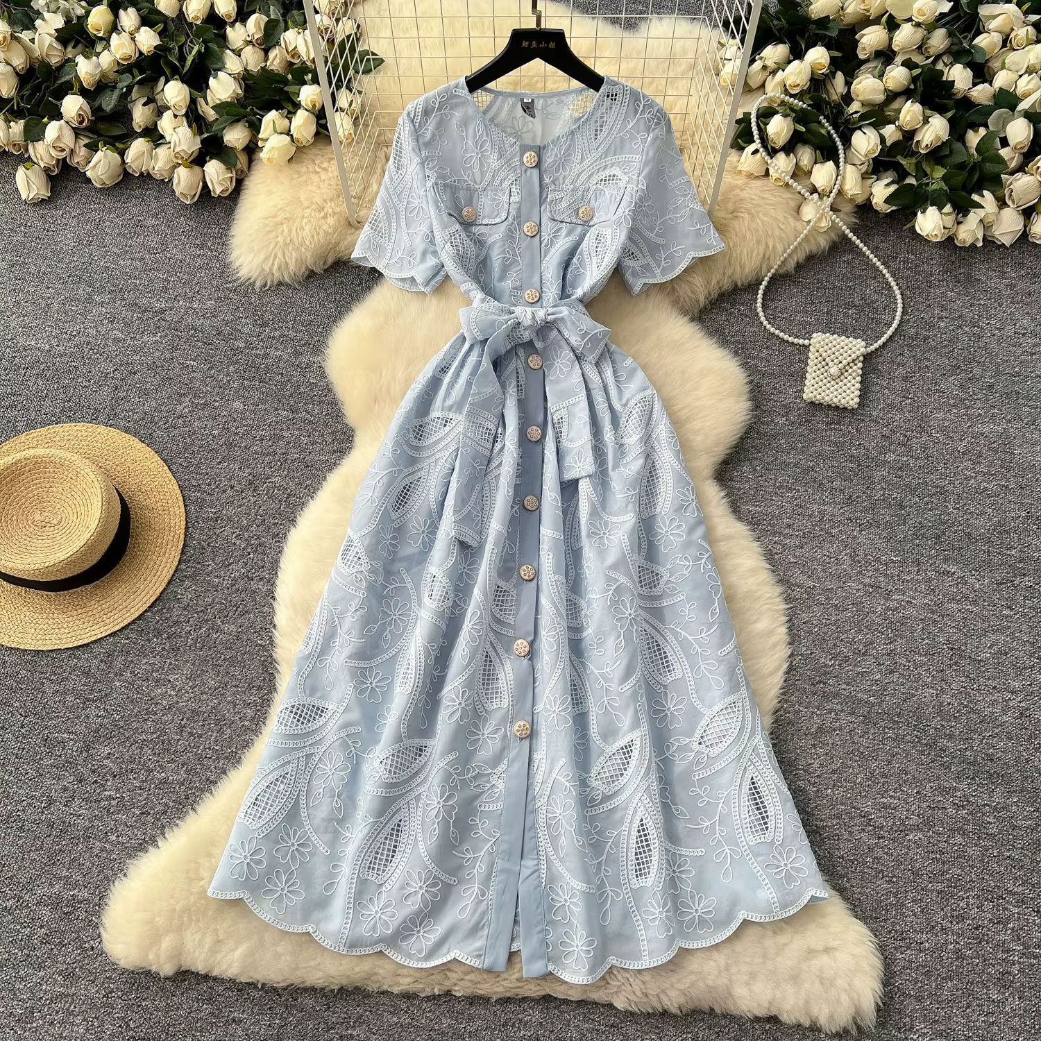 Robes femmes Vintage robe longue 2025 robes d'été évider broderie à lacets simple boutonnage col ron