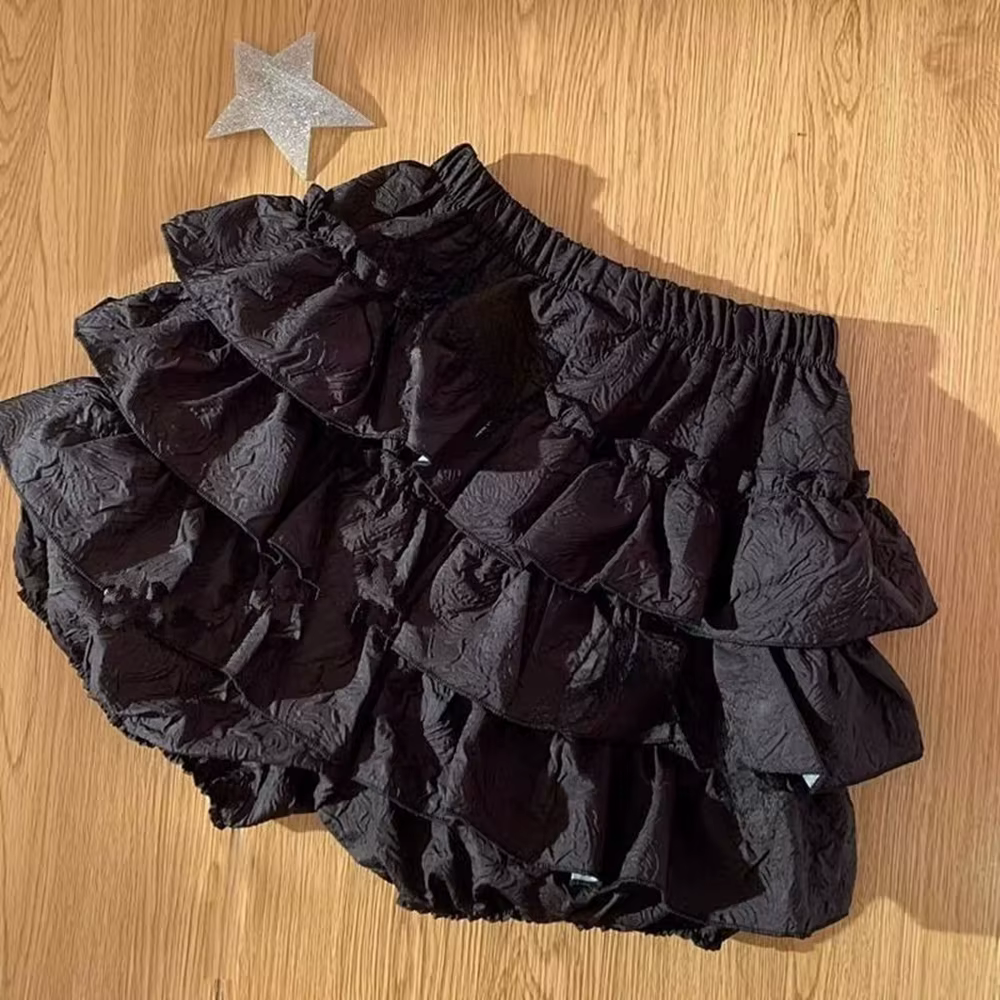 Mini-jupe Lolita noire pour femme, jupe-culotte à volants superposés avec bordure en dentelle, short