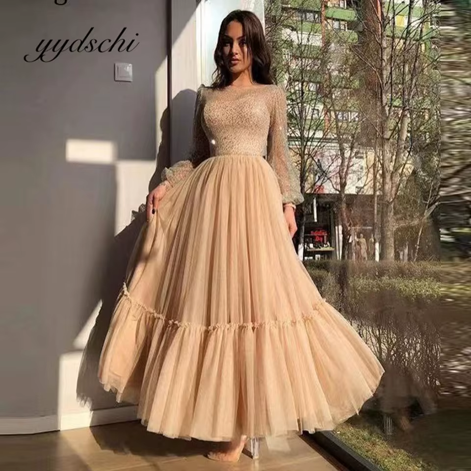 Robe de bal élégante pour femme, coupe trapèze, en tulle et sequins, manches longues, pour mariage e