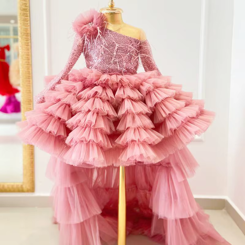 Robes de fille de fleur rose pour les mariages fête d'anniversaire princesse plume Tulle robe de con