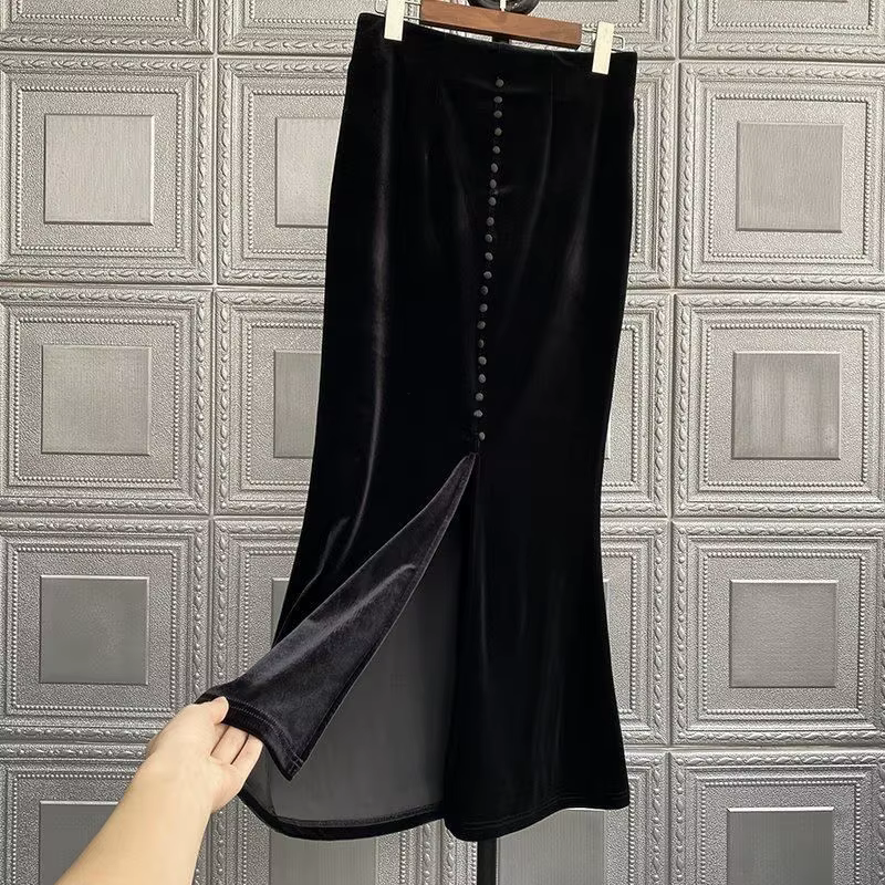 2025 Faldas Mujer De Moda Vintage Jupe longue taille haute a-ligne velours Jupe mode simple boutonna