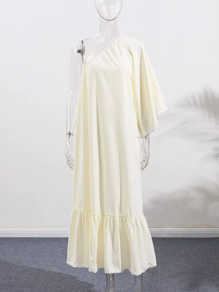 Une épaule dentelle asymétrique longues robes femmes élégant Flare demi manches robe surdimensionnée