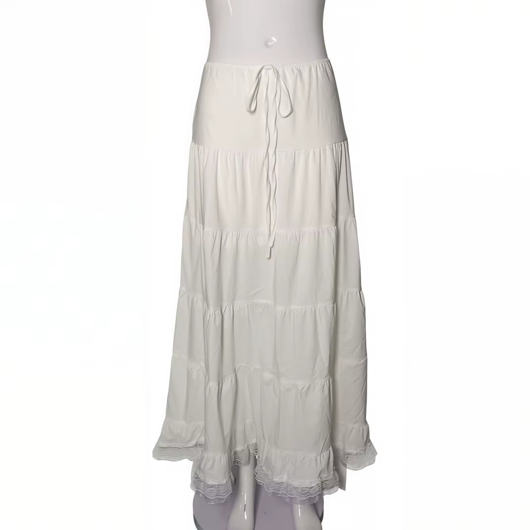 Jupe longue trapèze en polyester avec empiècements en dentelle française, belle chute, style vacance