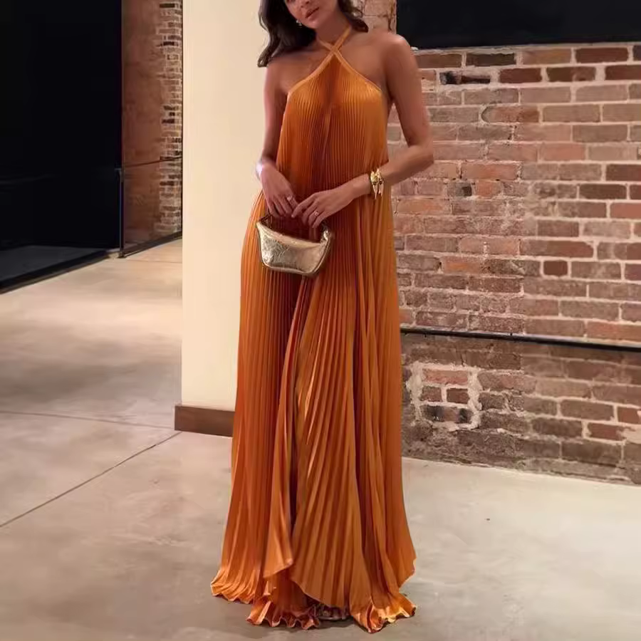 Robe longue plissée unie tendance, sexy, à dos nu, sans manches, élégante, pour soirée, pour femme