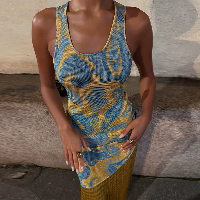 Mode imprimé glands mince robe longue femmes Vintage sans manches plissé robes de soirée dame été Ch