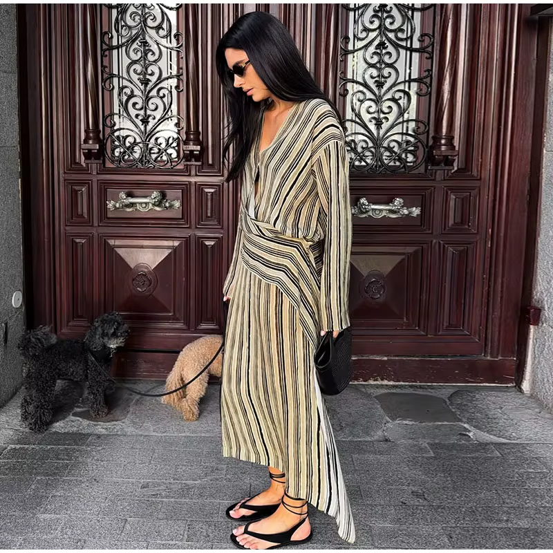 Robe rayée pour femme, col en V profond, manches longues, avec ceinture, tenue décontractée et ample