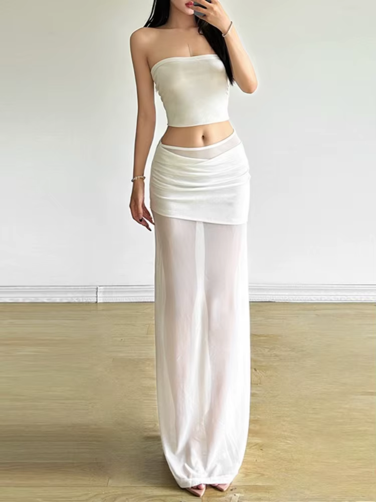 Jupes longues en maille transparente pour femmes, tenue de soirée, couleur unie, Sexy, vêtements Y2k