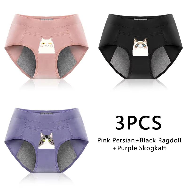 3 pièces culottes menstruelles en coton anti-fuite respirant dessin animé chat culottes femme femmes
