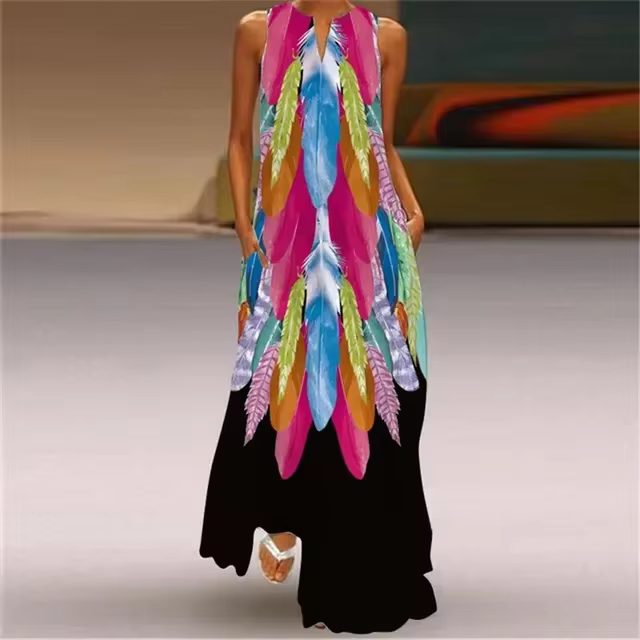 Robe longue imprimée Rose rouge pour femmes, tenue de plage décontractée, Sexy, sans manches, col en